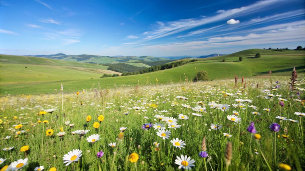 A field of wildflowers in bloom, with rolling hills and a blue sky in the background.
